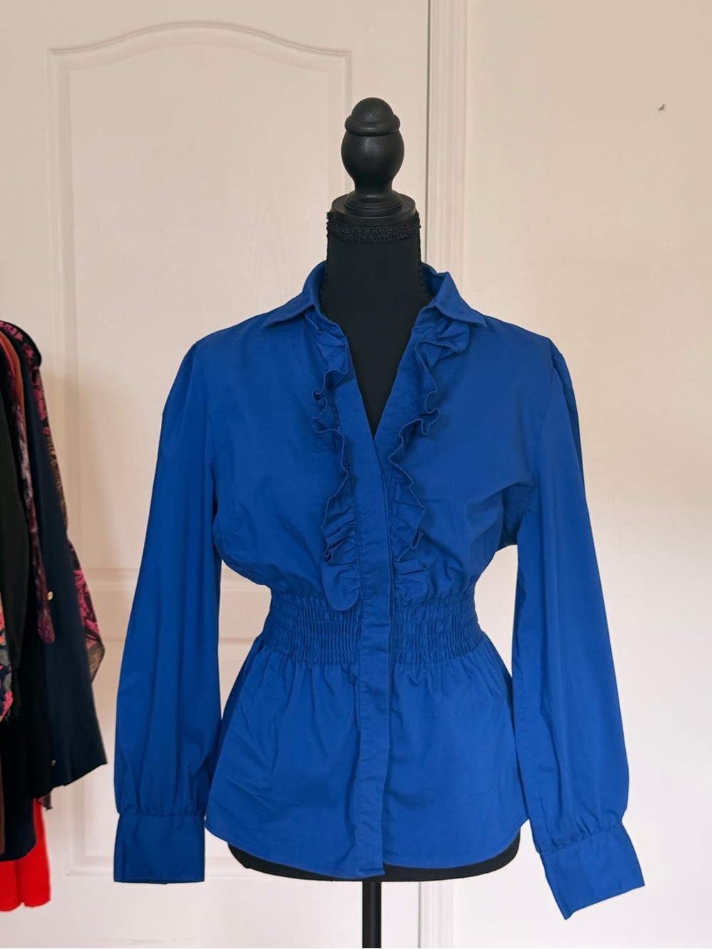 Ruffle Button Front Blouse Smocked Waist